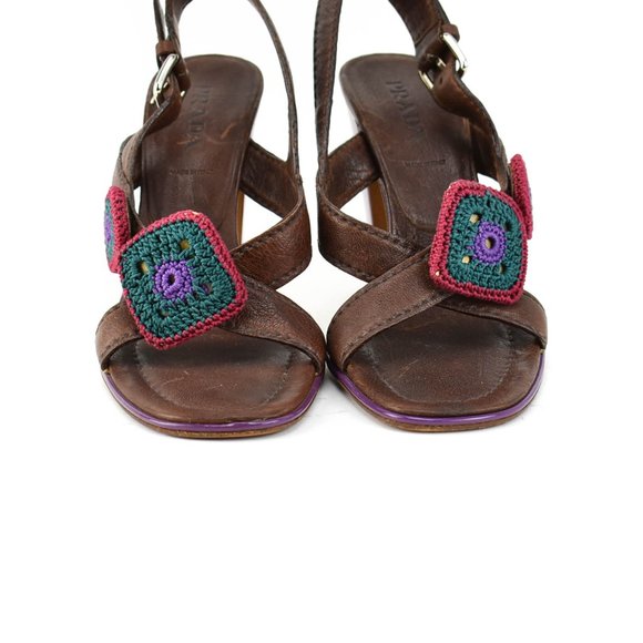 PRADA: Brown, Leather & Patent Color-Block Heels - Picture 4 of 8